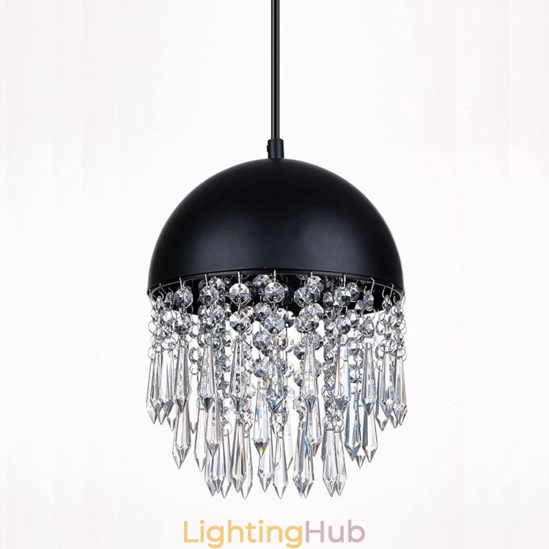 Crystal Pendant Tassel Ceiling Light Black Pot Lid Lampshade
