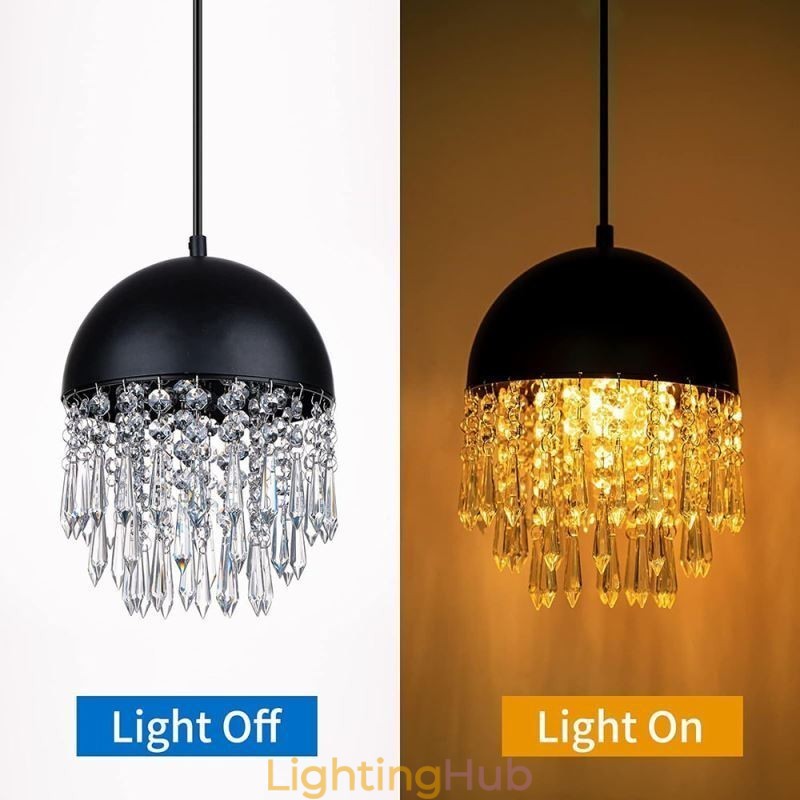 Crystal Pendant Tassel Ceiling Light Black Pot Lid Lampshade