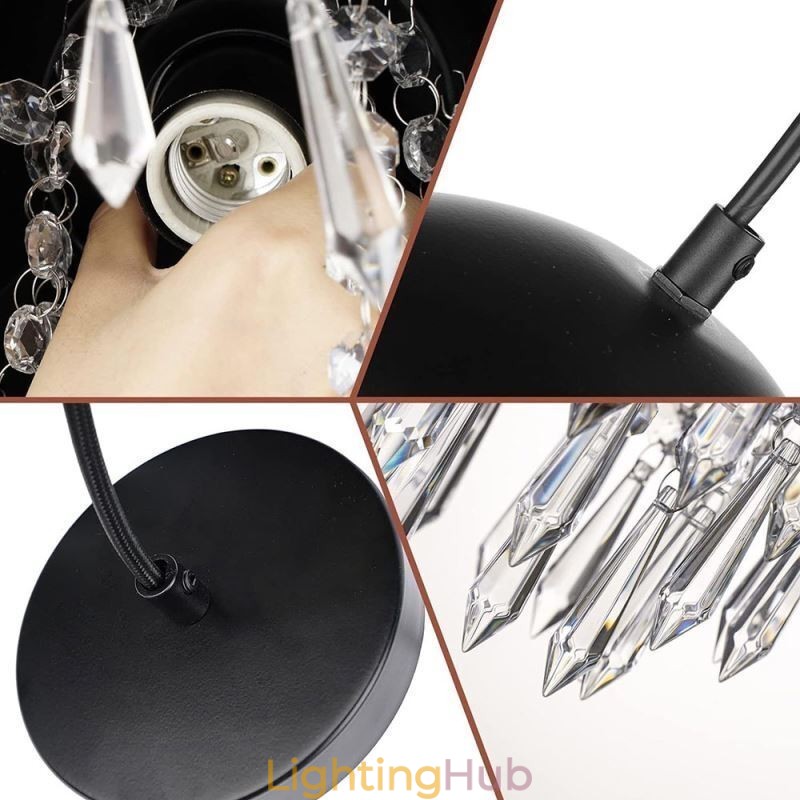 Crystal Pendant Tassel Ceiling Light Black Pot Lid Lampshade