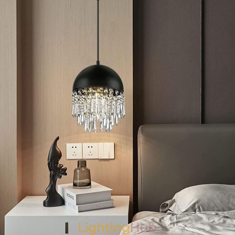 Crystal Pendant Tassel Ceiling Light Black Pot Lid Lampshade
