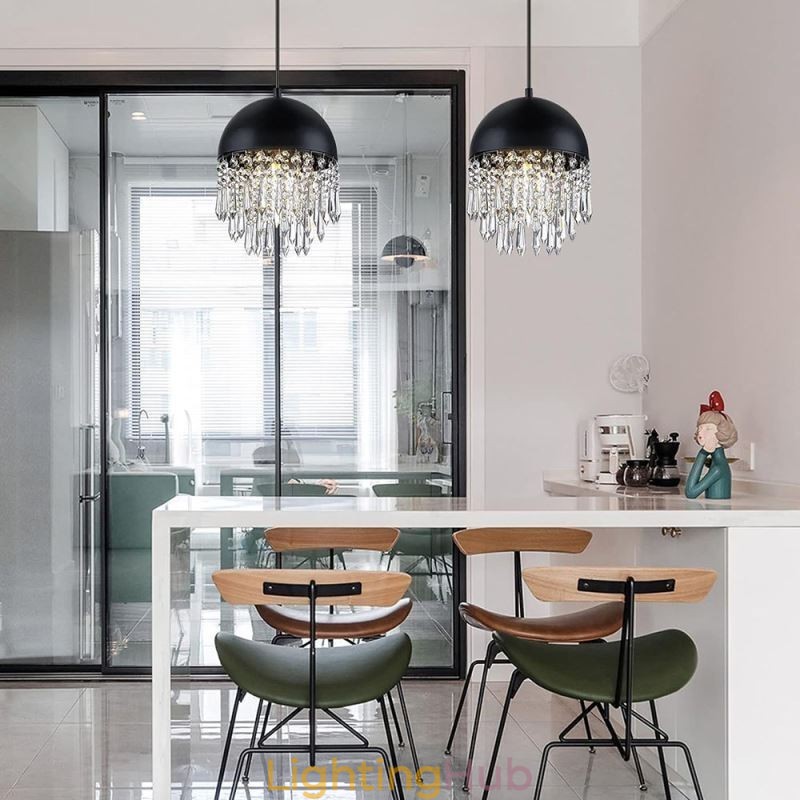 Crystal Pendant Tassel Ceiling Light Black Pot Lid Lampshade