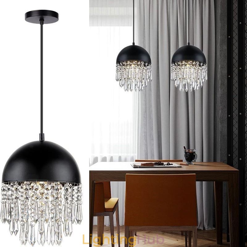 Crystal Pendant Tassel Ceiling Light Black Pot Lid Lampshade