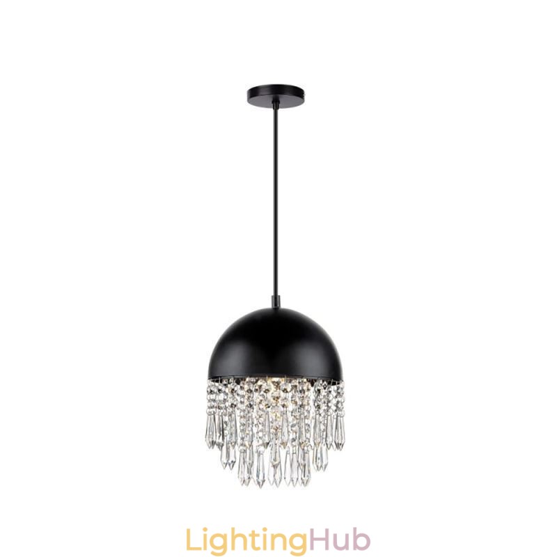 Crystal Pendant Tassel Ceiling Light Black Pot Lid Lampshade