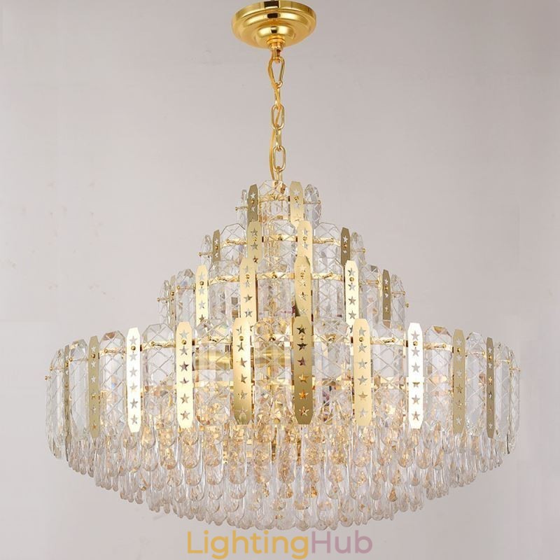 Crystal Pendant Light 4th Floor Luxury Decrative Ceiling Light with Golden Hollow Iron Sheet