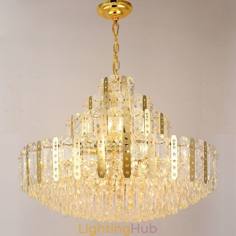 Crystal Pendant Light 4th Floor Luxury Decrative Ceiling Light with Golden Hollow Iron Sheet
