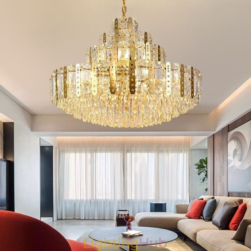 Crystal Pendant Light 4th Floor Luxury Decrative Ceiling Light with Golden Hollow Iron Sheet