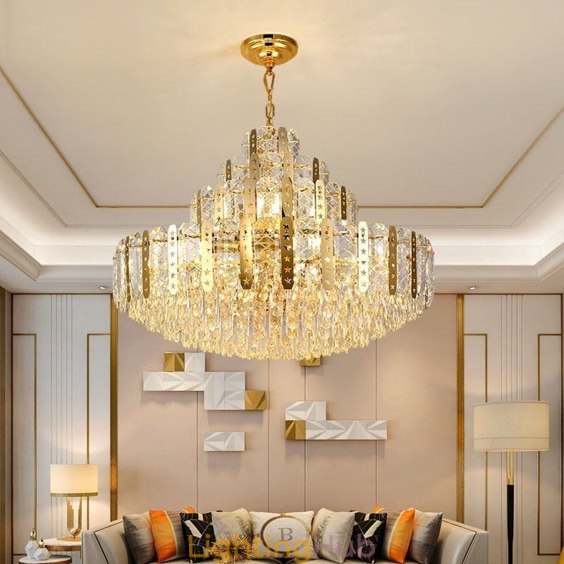 Crystal Pendant Light 4th Floor Luxury Decrative Ceiling Light with Golden Hollow Iron Sheet