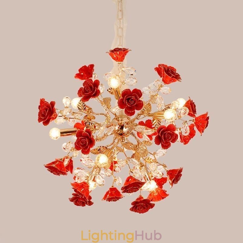 Luxury Pendant Light Ceramic Red Flower Chandelier