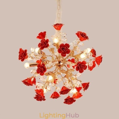 Luxury Pendant Light Ceramic Red Flower Chandelier Luxury Pendant Light Ceramic Red Flower Chandelier