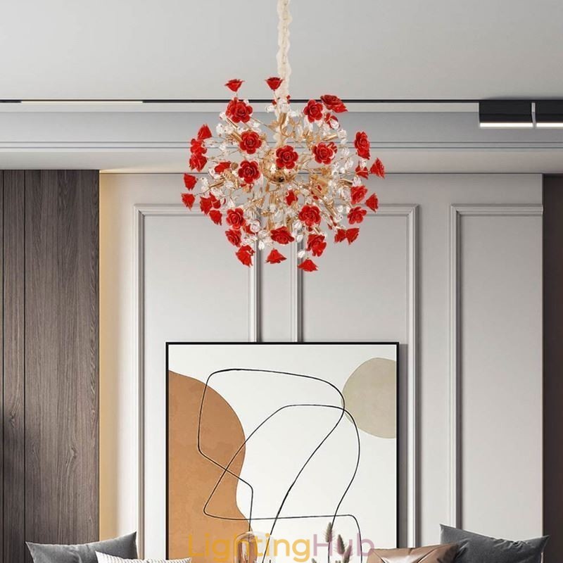 Luxury Pendant Light Ceramic Red Flower Chandelier