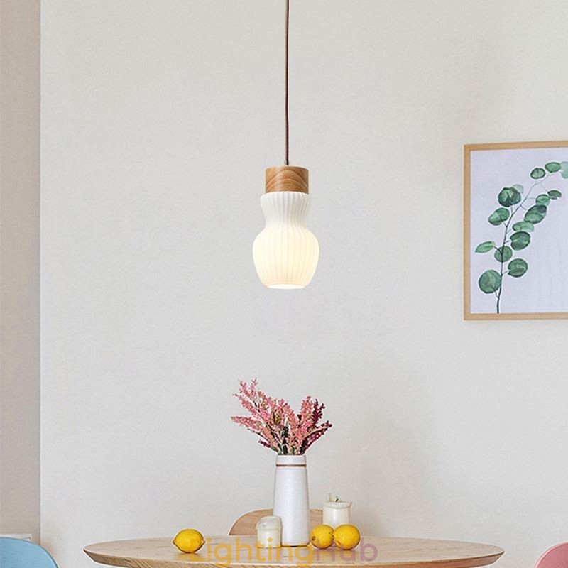 Japanese Wood Pendant Light Glass Kettle Hanging Light