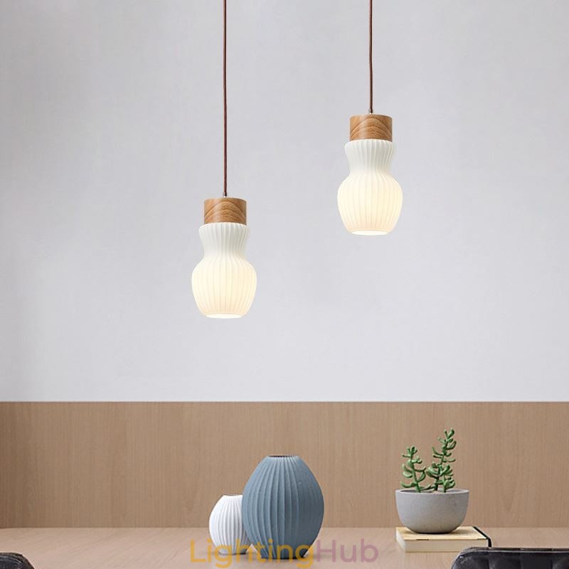 Japanese Wood Pendant Light Glass Kettle Hanging Light