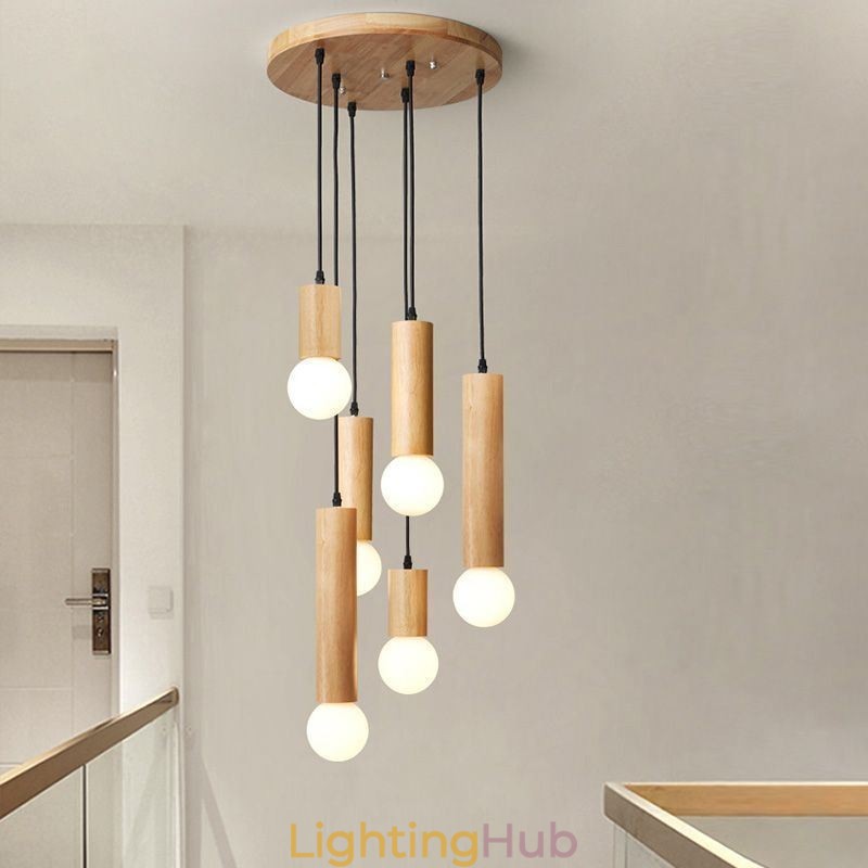 Japanese Wood Pendant Light 6 Lights Hanging Light