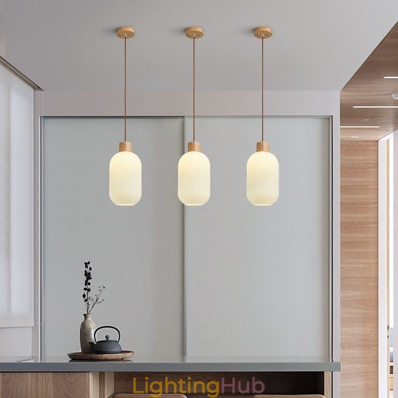 Japanese Wood Pendant Light Glass Lantern Hanging Light