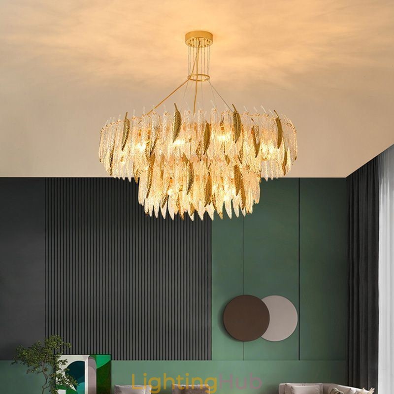 Artistic Glass Chandelier Feather Round Ceiling Light