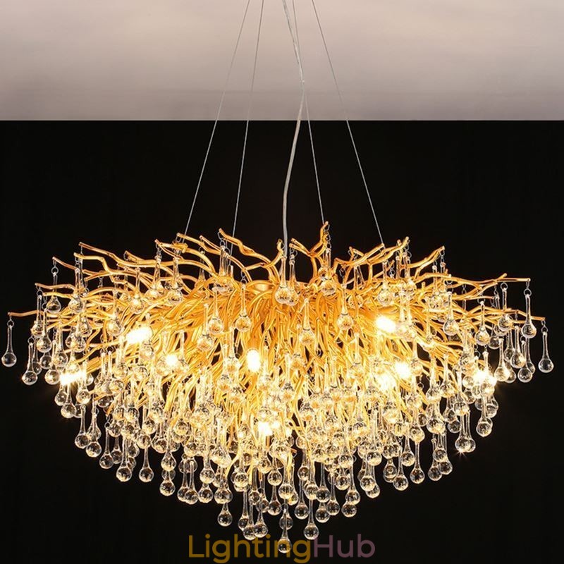 Nordic Crystal Chandelier Flower Round Shade Luxury Gold Pendant Light