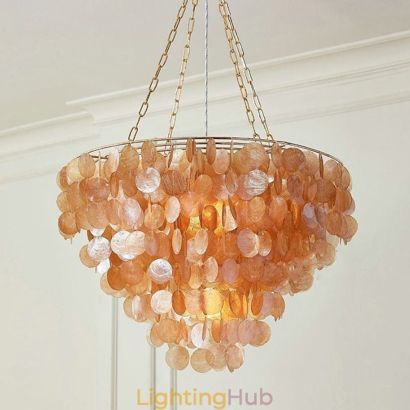 Natural Shell Chandelier Round Layered Hanging Light Brown Black