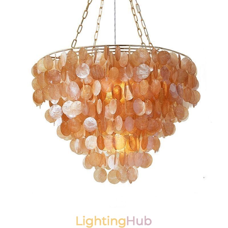 Natural Shell Chandelier Round Layered Hanging Light Brown Black