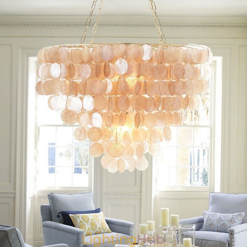 Natural Shell Chandelier Round Layered Hanging Light Brown Black