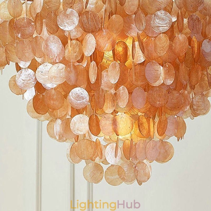 Natural Shell Chandelier Round Layered Hanging Light Brown Black