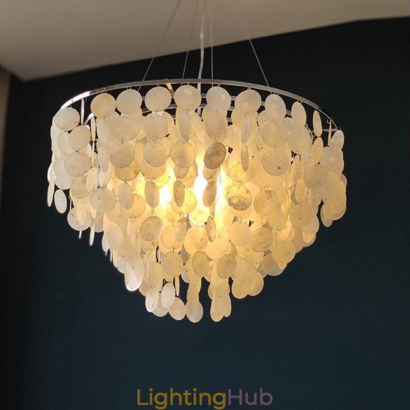 Capiz Shell Pendant Light Natural Hanging Round Layered Chandelier