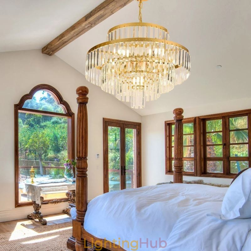 Gold Crystal Pendant Light 4 Tiers Ceiling Lighting 7 Lights