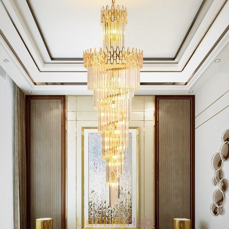 European Crystal High Ceiling Pendant Light Stairs