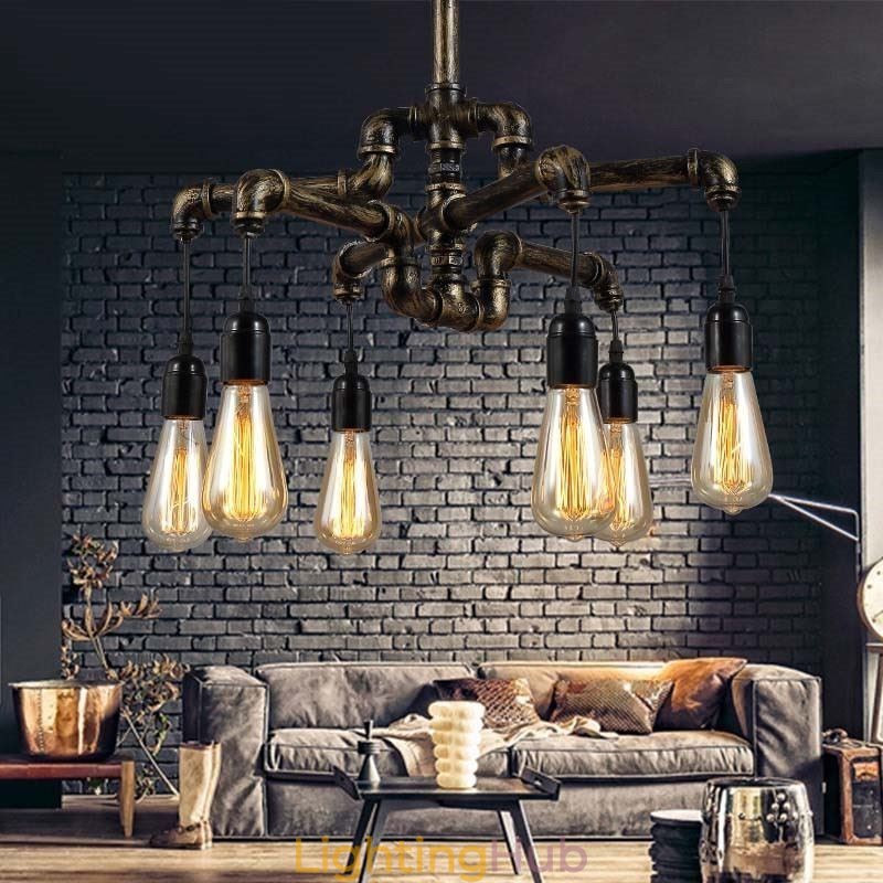 6 Light Retro Industrial Vintage Water Pipe Pendant Light Chandelier Country Rustic Style