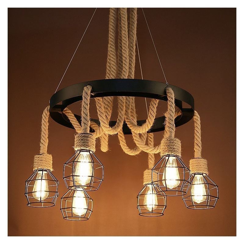 Retro Style 6 Heads Pendant Light Hemp Rope Chandelier With Iron Lampshade