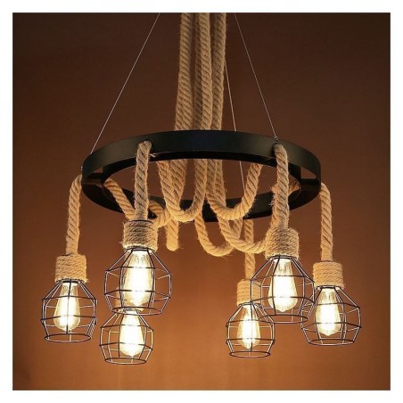 Retro Style 6 Heads Pendant Light Hemp Rope Chandelier With Iron Lampshade