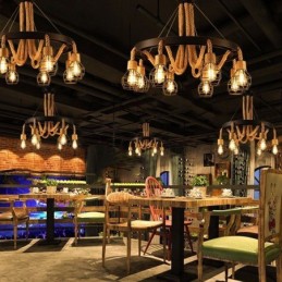 Retro Style 6 Heads Pendant Light Hemp Rope Chandelier With Iron Lampshade