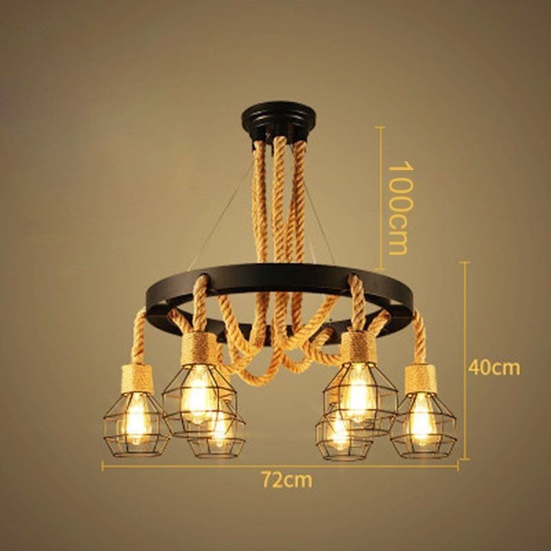 Retro Style 6 Heads Pendant Light Hemp Rope Chandelier With Iron Lampshade