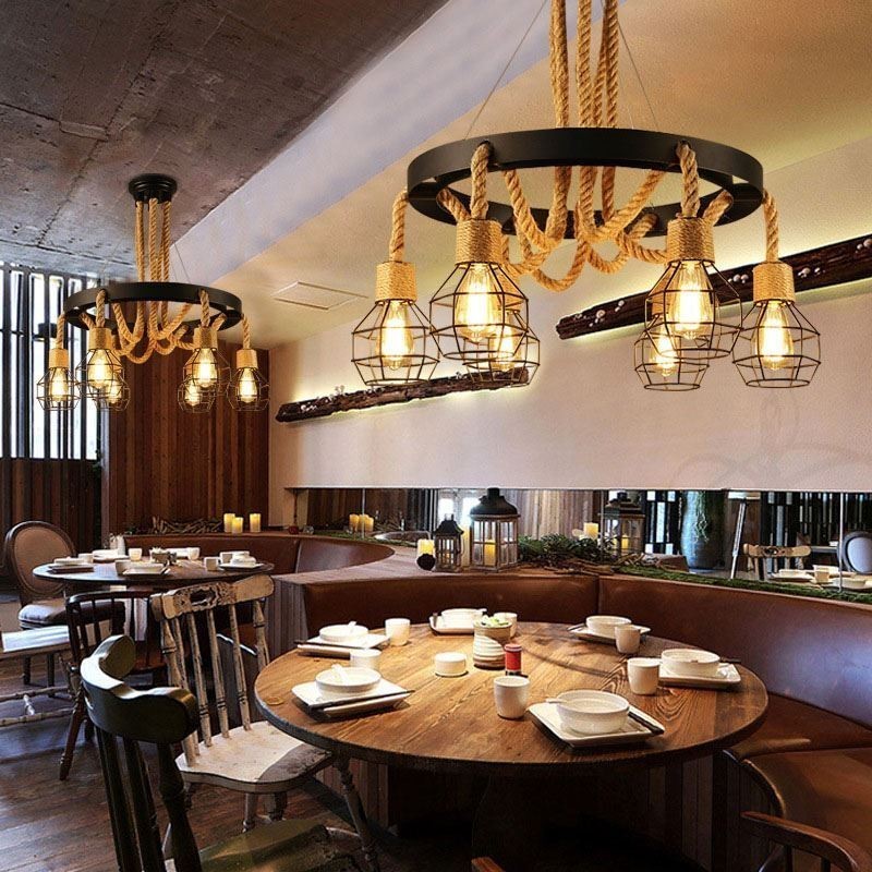 Retro Style 6 Heads Pendant Light Hemp Rope Chandelier With Iron Lampshade
