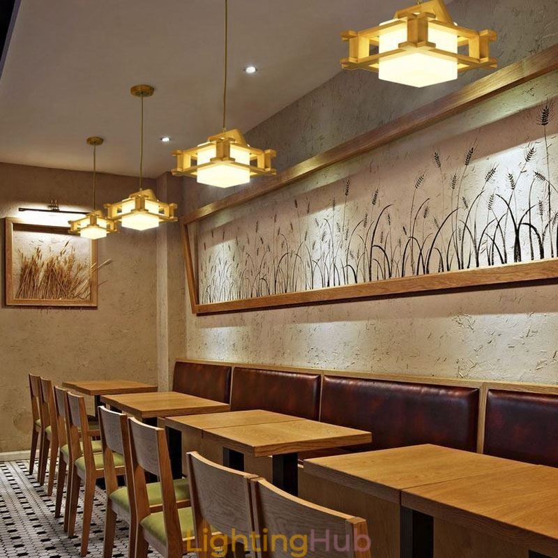 Nordic Style Oak Pendant Lamp with Frosted Glass Lamp Shade Cafe
