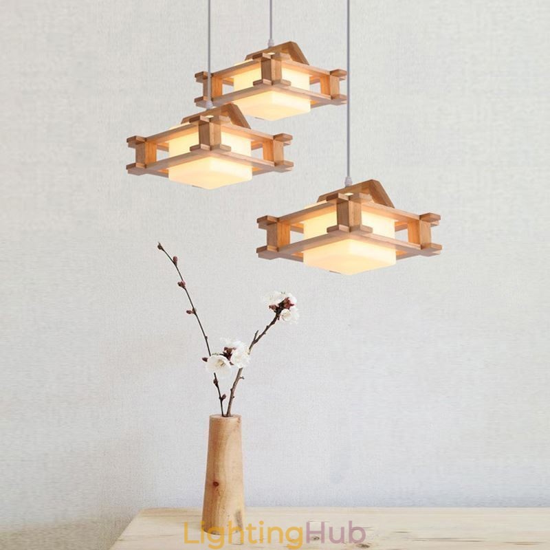 Nordic Style Oak Pendant Lamp with Frosted Glass Lamp Shade Cafe