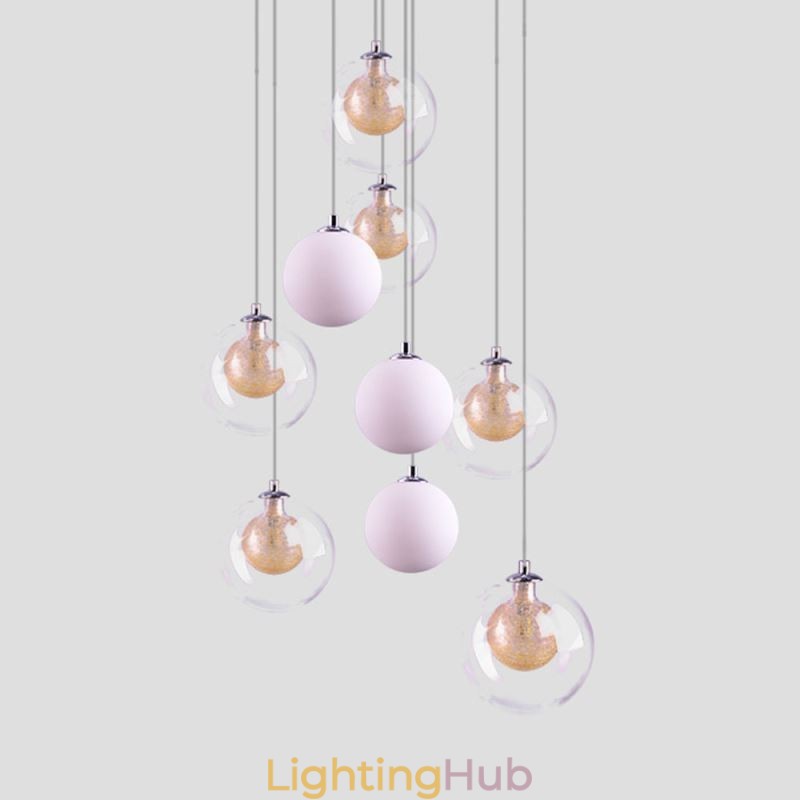 Pendant Light Glass Cluster Ceiling Light Gold Nickel Brushed+Milky Glass Ball
