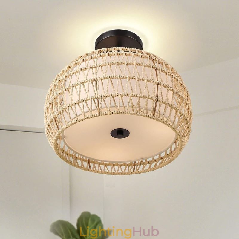 Paper Rope Fabric Flush Mount 32cm Round Lampshade 3 Lights