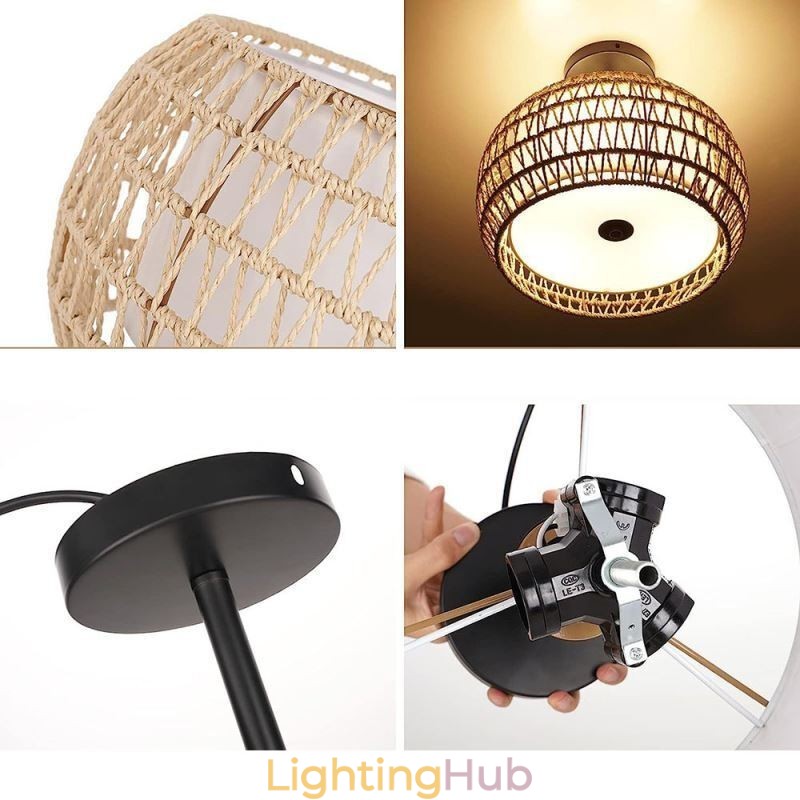 Paper Rope Fabric Flush Mount 32cm Round Lampshade 3 Lights