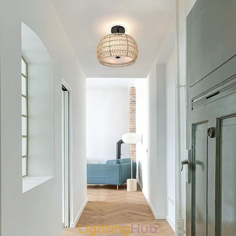 Paper Rope Fabric Flush Mount 32cm Round Lampshade 3 Lights