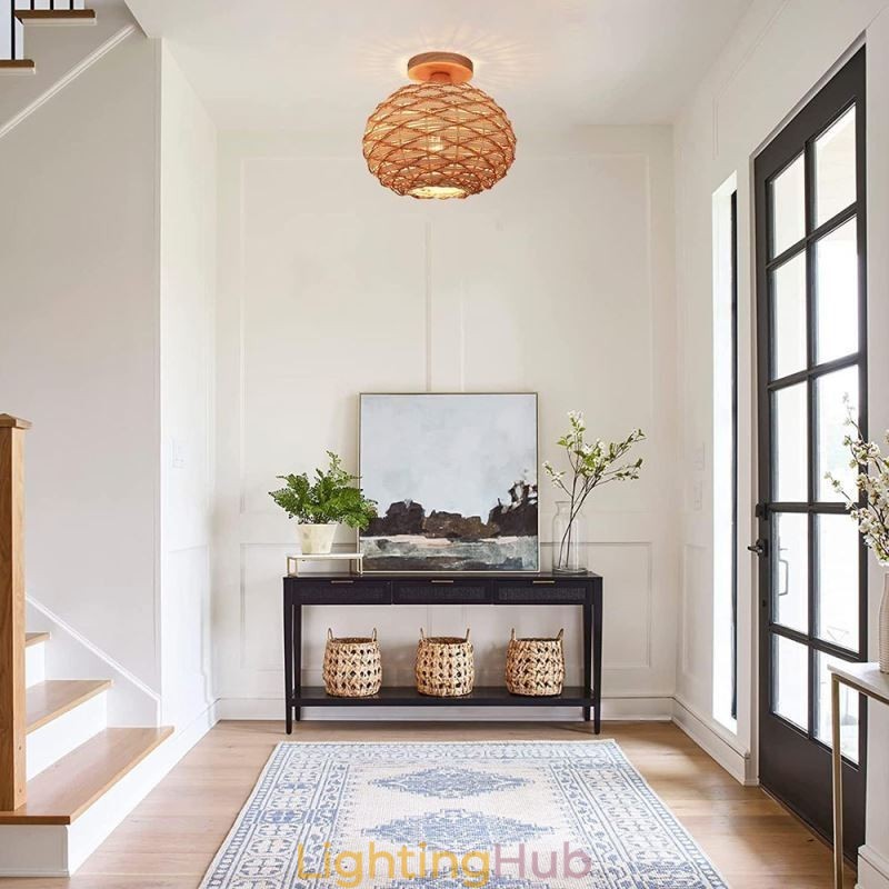 Wood Color Pumpkin Flush Mount Paper Rope Rattan Woven Lampshade