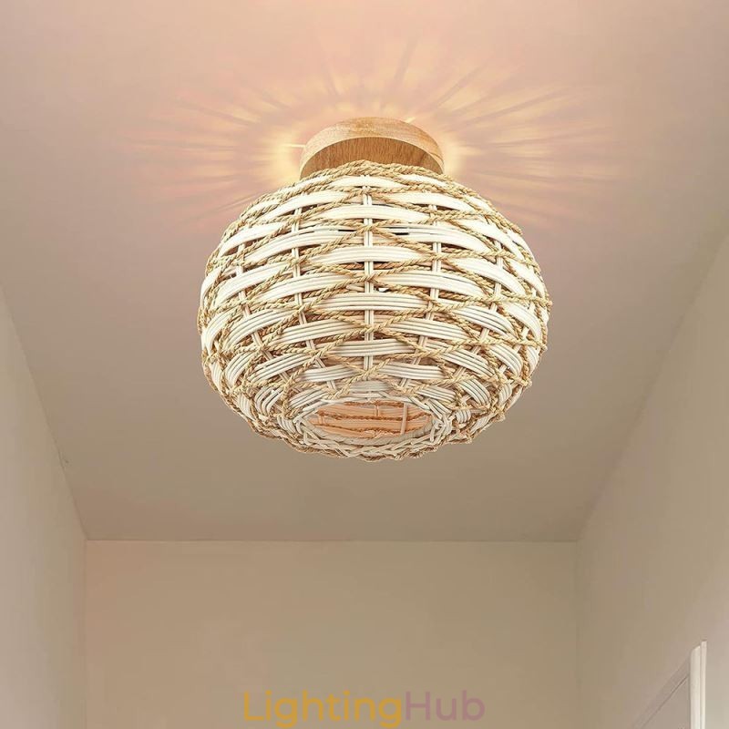 Wood Color Pumpkin Flush Mount Paper Rope Rattan Woven Lampshade