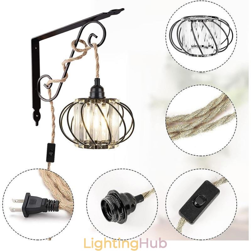 Retro Country Ceiling Light Hemp Rope Iron Bedside Pendant Light With Plug