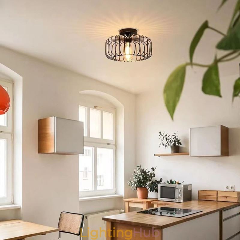 Simple Flush Mount Iron Bird Cage Ceiling Light