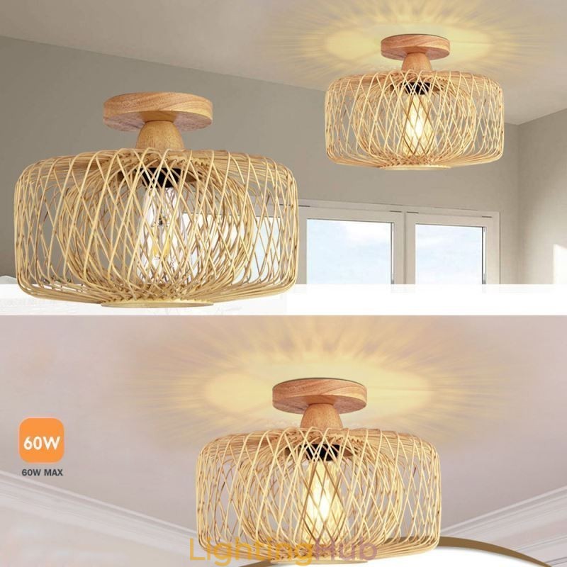 Retro Double Layer Ceiling Lamp Handwoven Bamboo Lampshade Ceiling Light