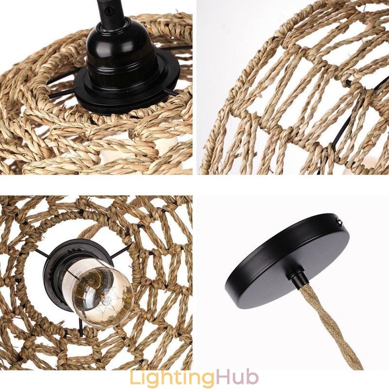 Country Retro Pendant Light Hand Woven Paper Rope Lampshade 30cm