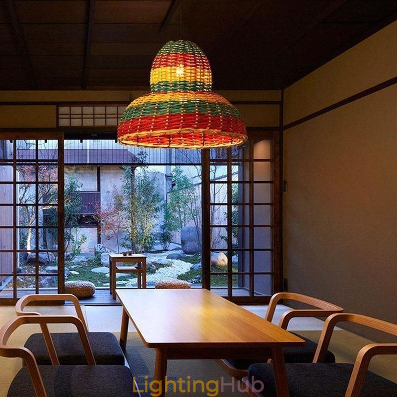 Bamboo And Rattan Pendant Light Colorful Striped Interval Handwoven Lamp Shade Ceiling Lamp