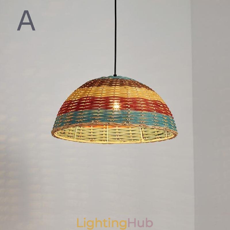 Bamboo And Rattan Pendant Light Colorful Striped Interval Handwoven Lamp Shade Ceiling Lamp