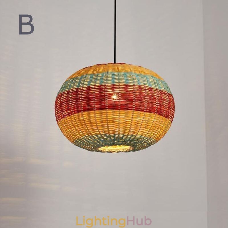 Bamboo And Rattan Pendant Light Colorful Striped Interval Handwoven Lamp Shade Ceiling Lamp