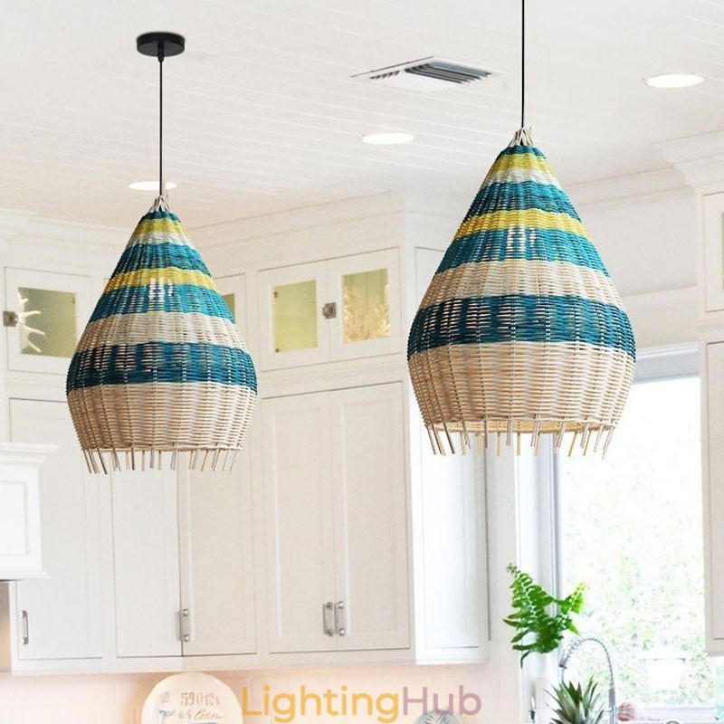 Bamboo And Rattan Pendant Light Striped Interval Handwoven Lampshade Ceiling Lamp