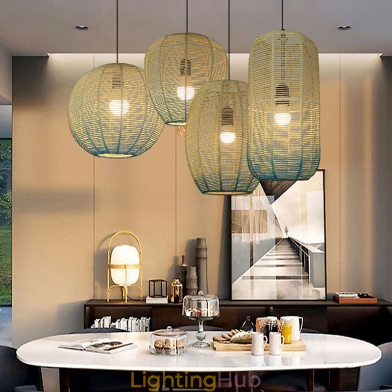 Paper Rope Pendant Light Country Retro Gradient Blue Ceiling Lamp